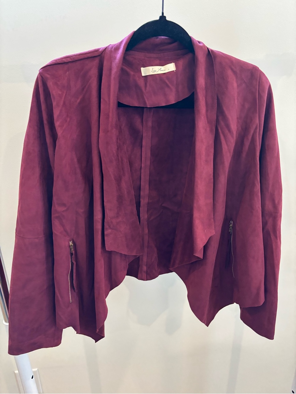Les Amis Wine Suede Draped Open Blazer
